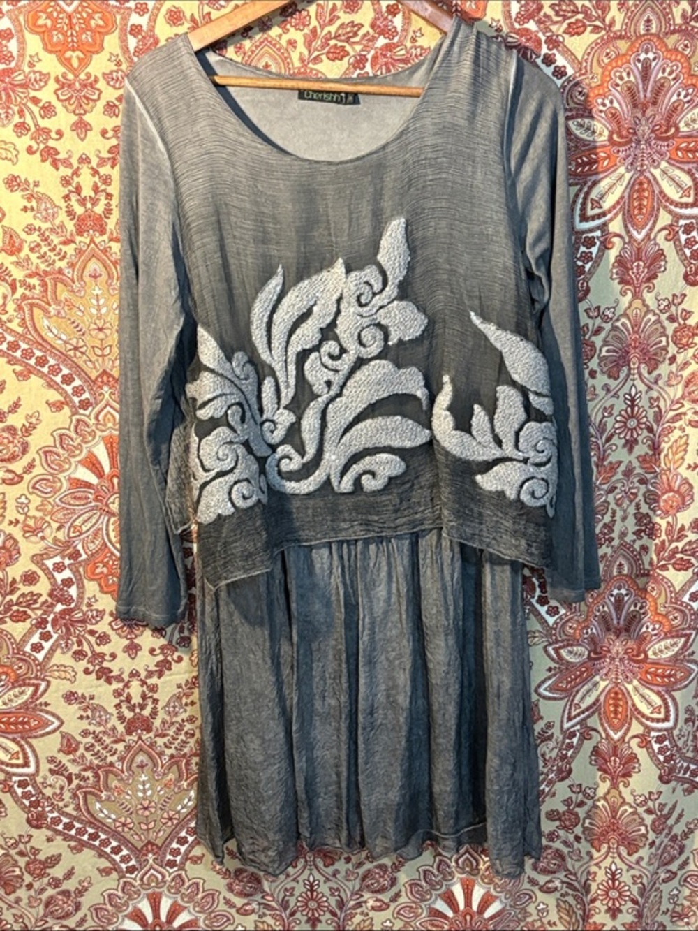 CHERISHH M Italian Silk blend Gray Embroidered Long-Sleeve dress w sequins